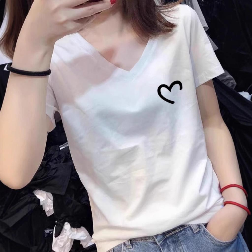 White Low V-neck T-shirt Women's Short-sleeved Summer Wear 2025 New Popular Pure Cotton Loose Top Large Neckline T-shirt