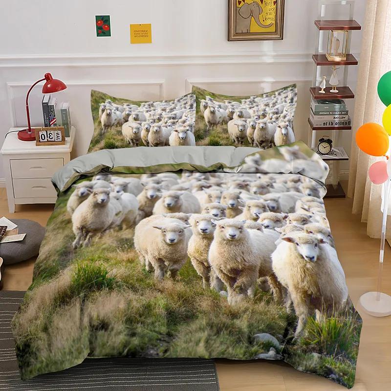 Ovečka Povlak na přikrývku King Queen Size Lovely Farm Animals Povlečení pro děti Teens Dospělí Bílá koza 2/3ks Povlak na polštář Povlak na přikrývku