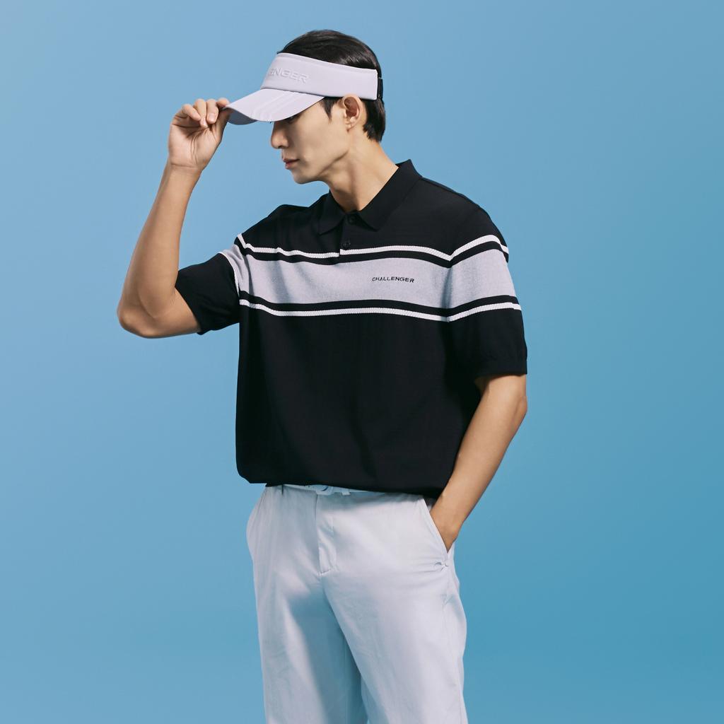 CHALLENGER Men'S Color Block Stripe Collared Knit Pullover Black