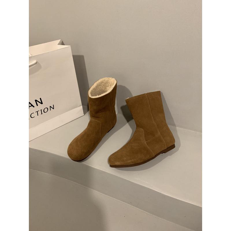 Autumn and winter round head flat bottom thin short boots women's retro literary and artistic fur versatile temperament comfortable Martin boots