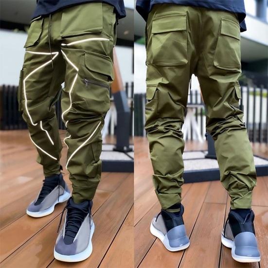 Men Cargo Pants Ankle-banded Reflective Patchwork Multi Pockets Loose Casual Straight Leg