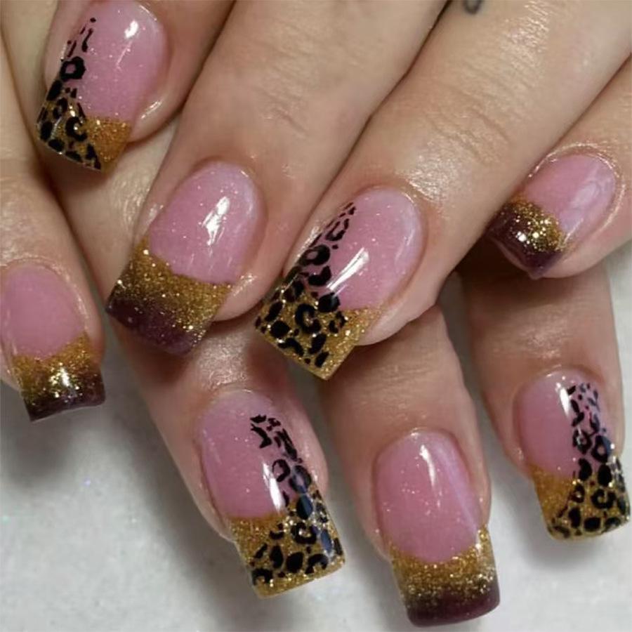 

French Glitter Leopard Print Glossy Medium Square Press-on Nails (24 Pieces)