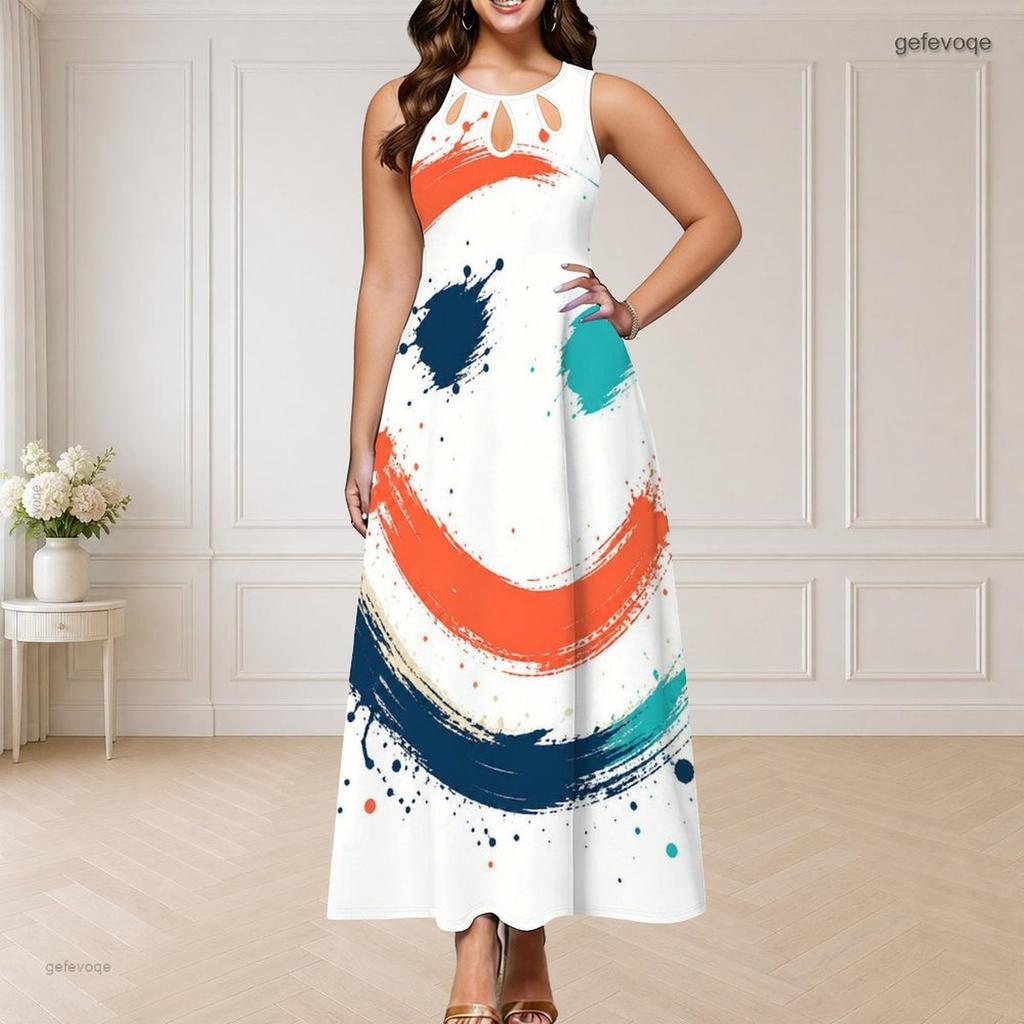Women Plus Size Round Neck Triple Keyhole Cutout Sleeveless Abstract Printed Long Dress