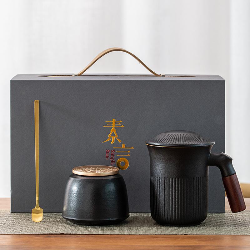 Office Wooden Handle Ceramic Water Cup Mug Chinese Tea Separation Tea Cup Gift
