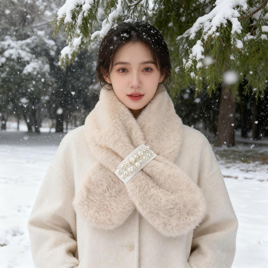 Japanese-Style Autumn/Winter Pearl Plush Neck Warmer: Imitation Mink Fur Scarf for Girls, Thickened Cross Design, Fresh & Sweet
