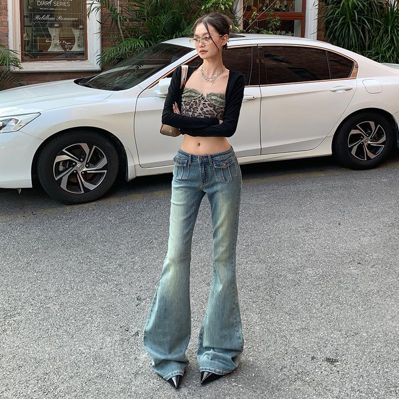 American retro nostalgic blue micro-pull jeans women's autumn new low-rise thin flared floor pants