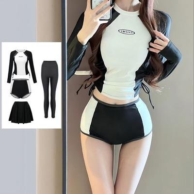 Womens Long Sleeve Rash Guard Set With Skirt Or Pants Conservative Swimwear Surfing Diving Sun Protection