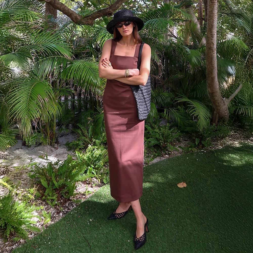 Simple solid color square neck suspender dress European and American summer new slim cotton and linen long dress