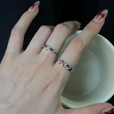 Chessboard Plaid Red Drip Glaze Open Ring Retro Niche Design High-End Index Finger Ring Stacking Wearing Couple Ring
