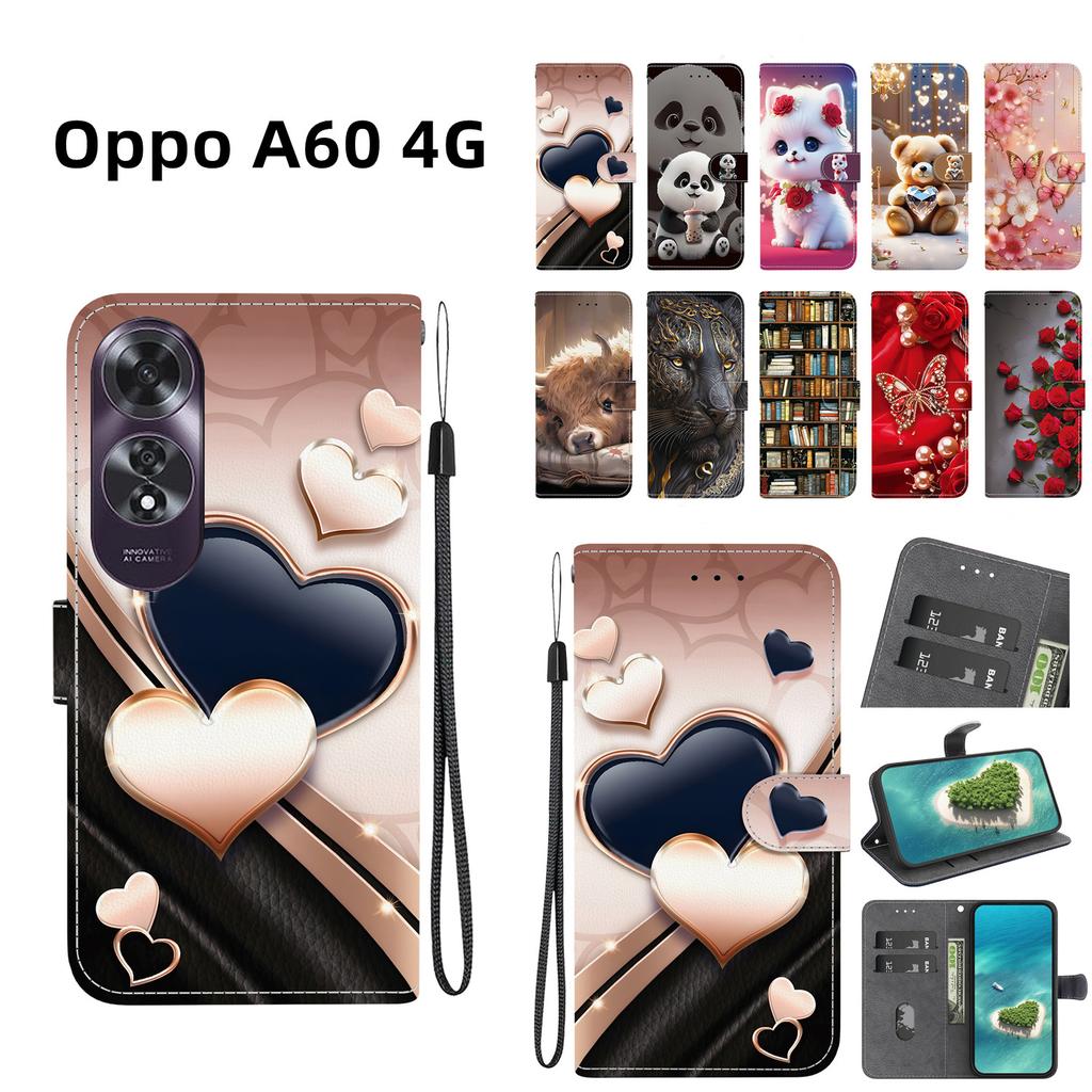 Handmade PU Leather Flip Case for Oppo A60 4G Anti-Slip Shockproof Cover with Wrist Strap & Heart/Rose Cat Designs