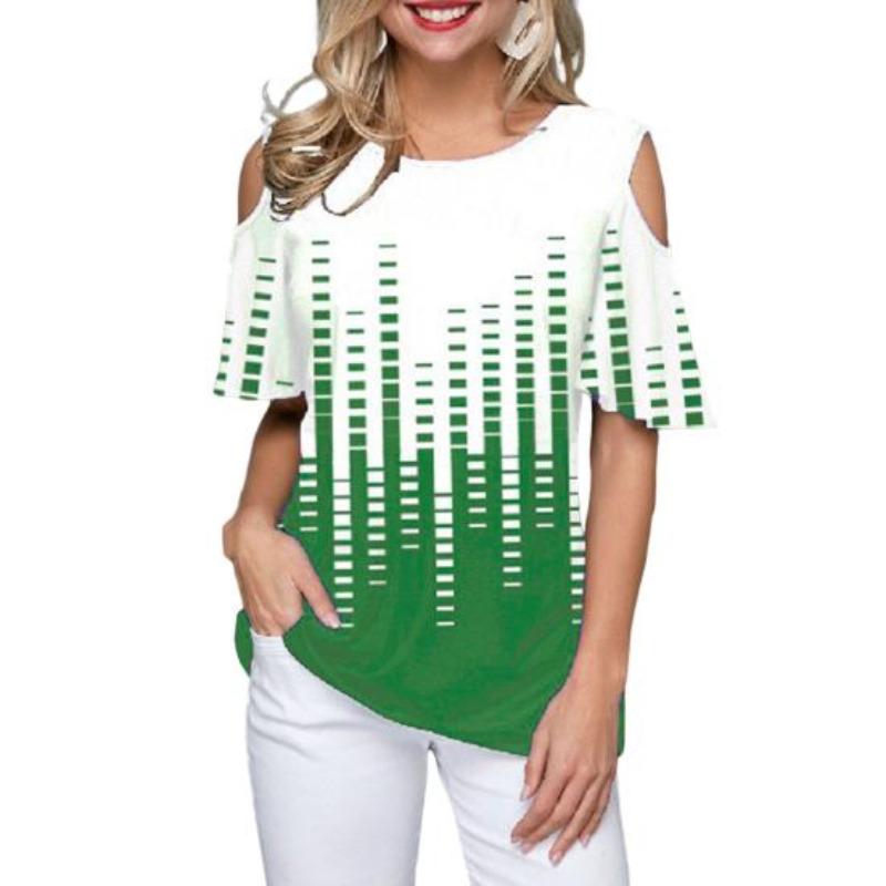 

Женская футболка свободного кроя, удобный топ, принт листья и цветы, круглый вырез, короткий рукав, открытые плечи EMA 4XL зелёный