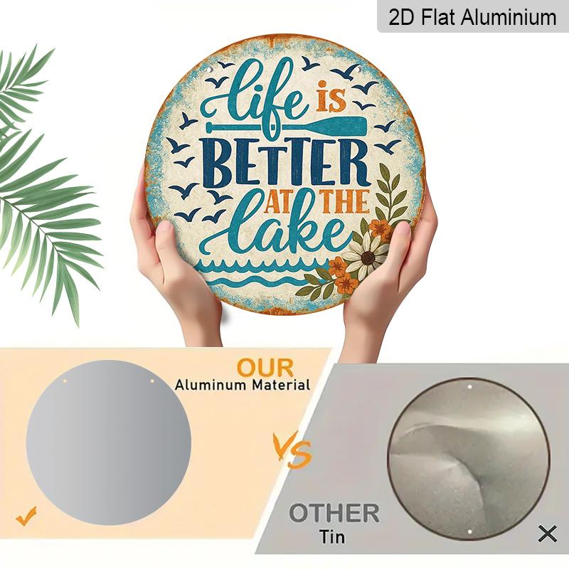 2D Flat, 1pc Round "Life Is Better At The Lake" Aluminum Hanging Sign, Vintage Lake House Paddle Flower Design, Rustic Metal Wall Decor, Perfect for