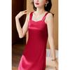 Damen Sommer Satin Spaghettiträger Kleid V-Ausschnitt Midi Rot Elegant