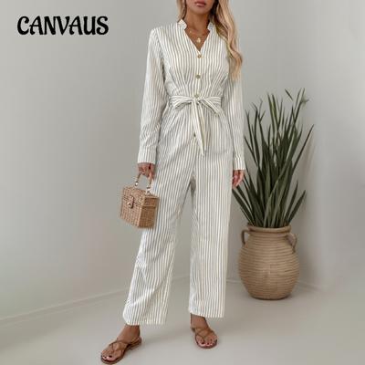 Salopetă pentru femei cu decolteu în V, cu pantaloni, stil naveta, cu dungi și șireturi