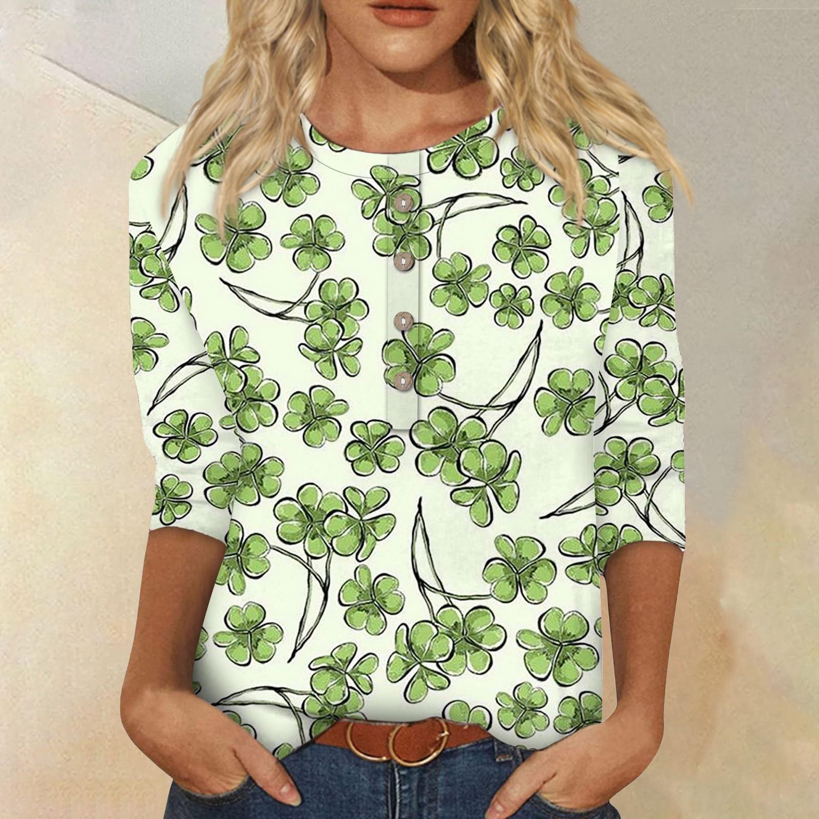 

Женская мода ул.. Топ с круглым вырезом и пуговицами с семиточечными рукавами и принтом ко Дню Святого Патрика L