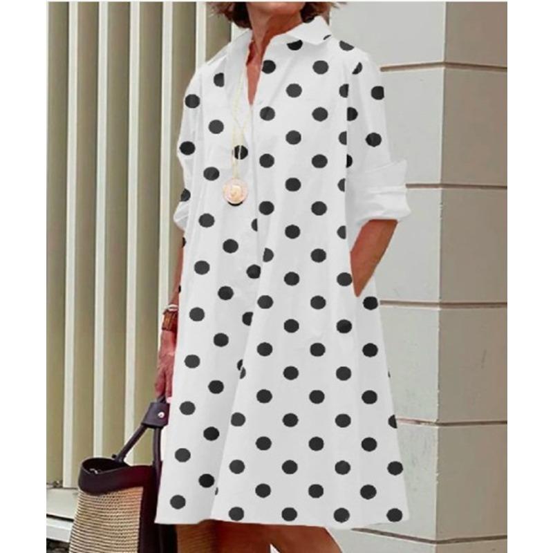 Novos produtos de outono, camisa com gola estampada de bolinhas de temperamento fashion, manga comprida, vestido médio e longo