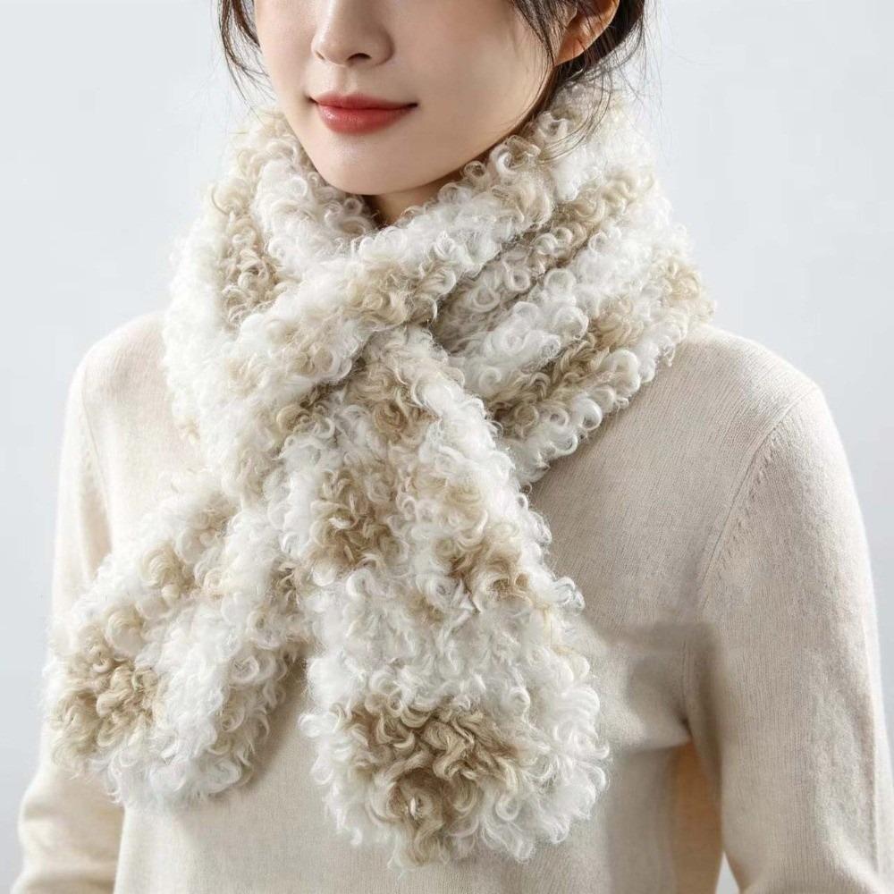 Thick Plush Faux Shearling Scarf Spotted Pattern Curly Fleece Collar Outdoor Shopping