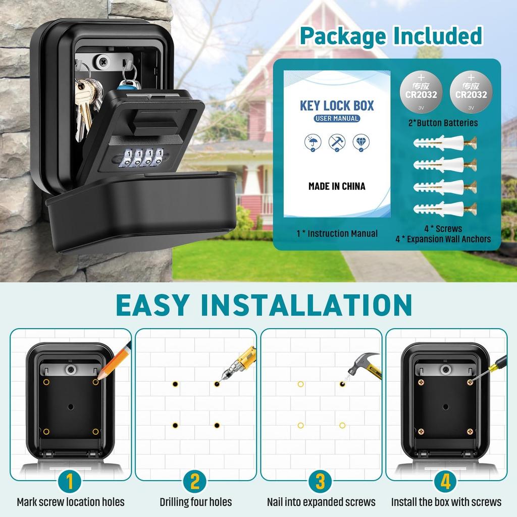 Key Lock Box, Waterproof Wall Mount Lock Box for Keys with Code, 4 Digit Combination Lockbox Resettable Code Security Safe Key Storage Box for Home