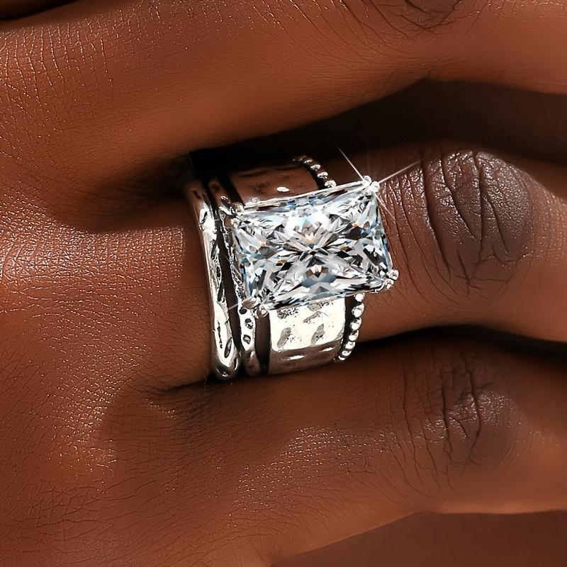 Vintage stříbrná barva, čtvercový prsten se širokou přední stranou, vykládaný zirkony, dámské personalizované trendy doplňky šperky pro sváteční večírky