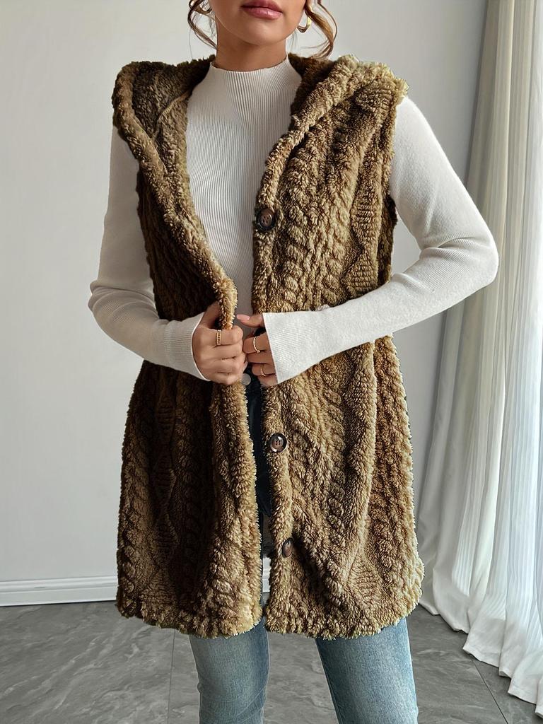 European-American Solid Color Double-Sided Plush Hooded Button Cardigan - Casual Women's Autumn/Winter Vest
