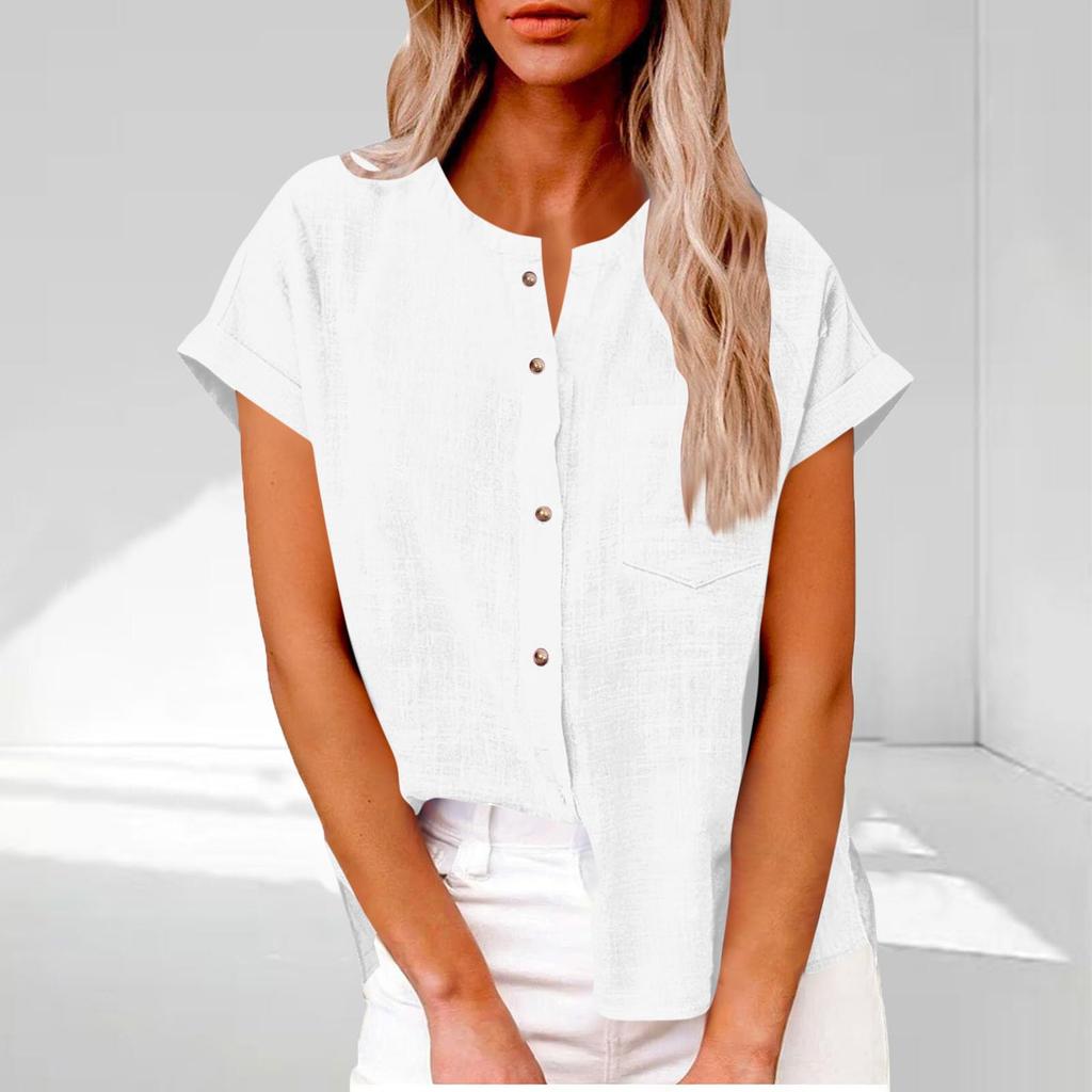 Women's Fashionable Loose-Fit Casual Shirt Button-Up Short-Sleeve Cotton-Linen Blend Top