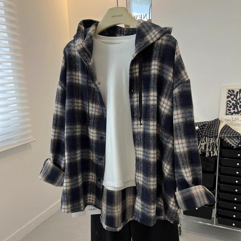 

2025 Autumn/Winter Women s Navy Plaid Hooded Brushed Long Sleeve Jacket XXXL (Premium Quality)