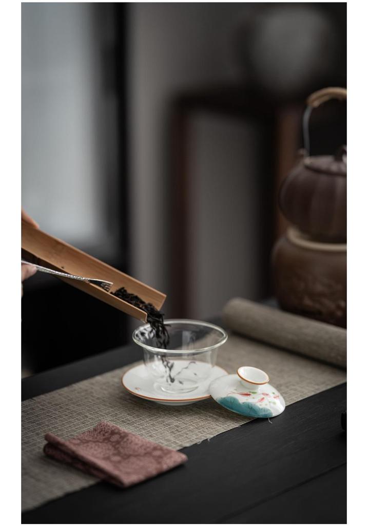 Chinese Hand-Painted Gaiwan Tea Set with Borosilicate Glass and Mutton Fat Jade White Porcelain