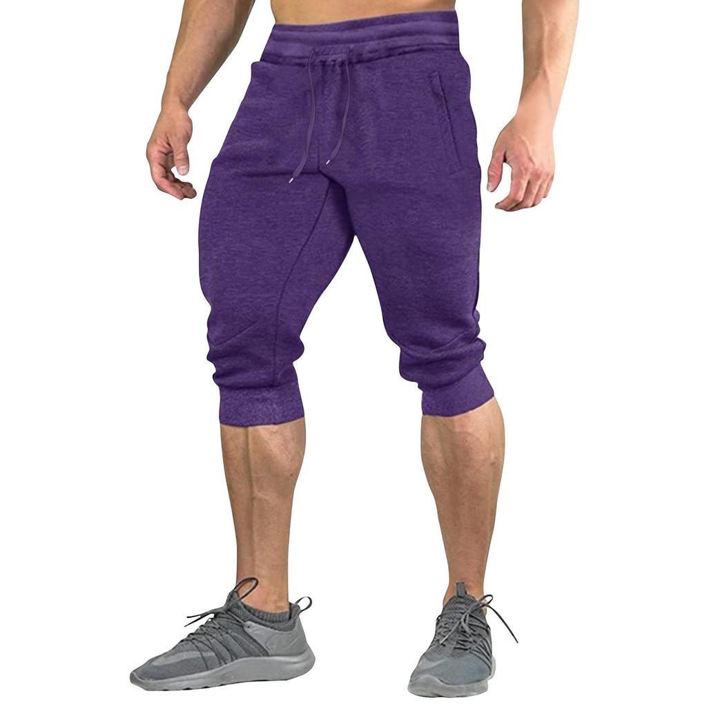 Men's Summer Color Shorts Men's Elastic Waist Sports Loose Casual Quarter Pants
