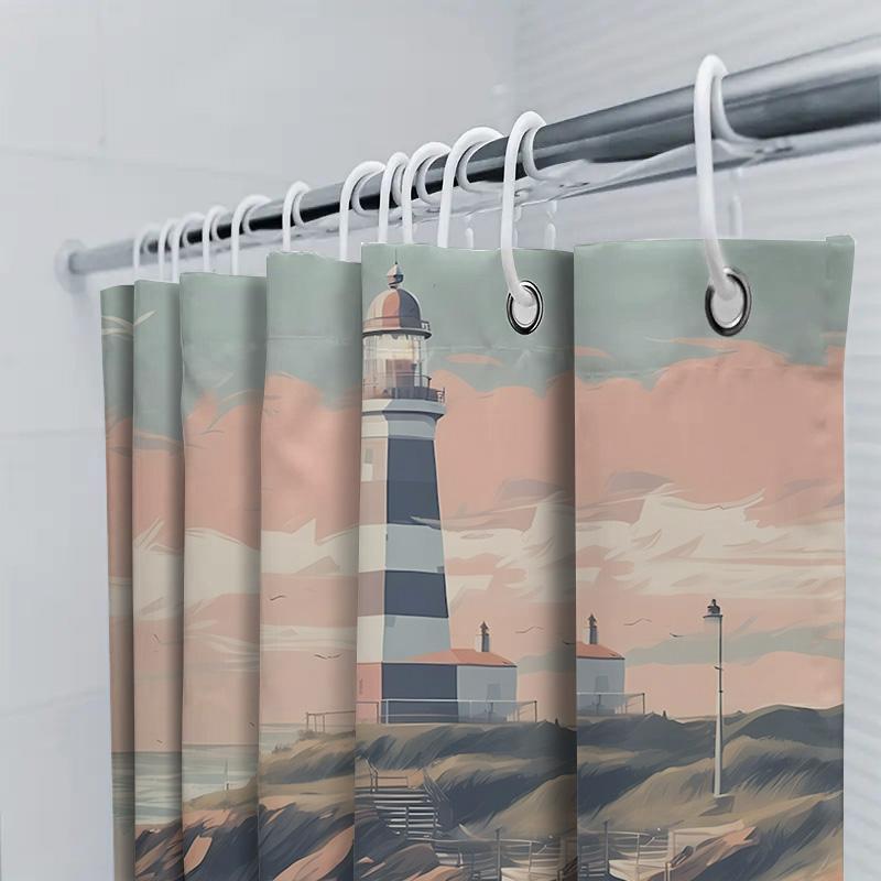 Beach Bath Shower Curtain With Lighthouse Print For Bathroom Decor Waterproof Fabric In Pink Blue Colors Perfect Gift Idea For H