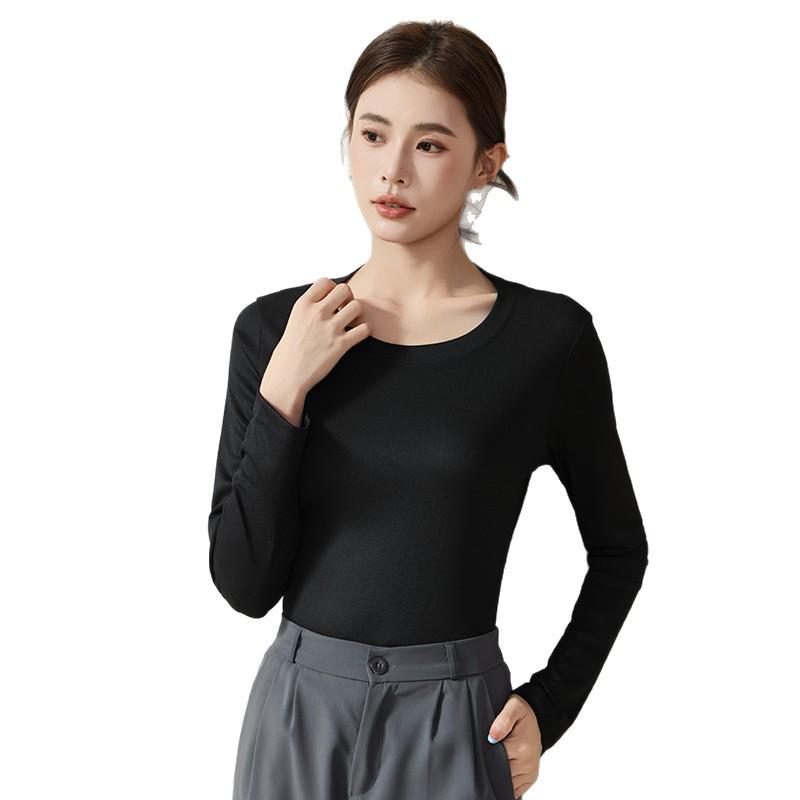 Women's Round Neck Ribbed Ice Silk Base Layer T-Shirt for Autumn/Winter - Slim Fit, Solid Color, Ideal for Yoga & Dance