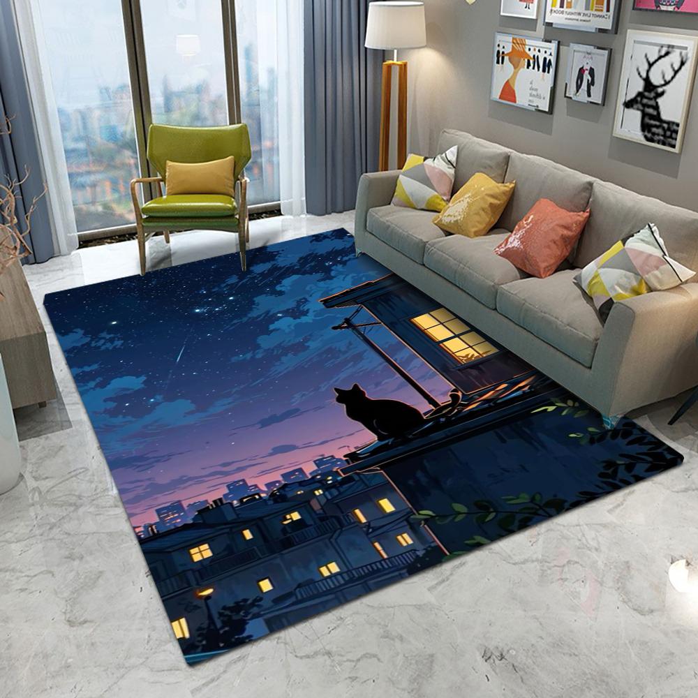 Cat Themed Carpet With Night City Scene Patterns Artistic Illustration Style Cozy Non Slip Washable Rug For Living Room Bedroom
