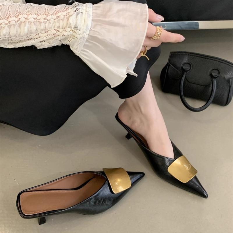 Fashion Stiletto Half-Stand Summer New Fashion Pointed Toe Shallow Mouth Metal Buckle Non-Slip High Heels