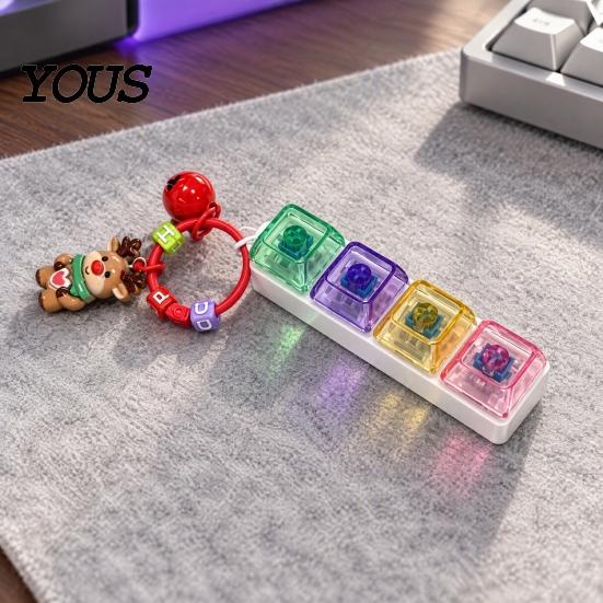 Portable Sensory Toy for Anxiety Christmas Mechanical Keyboard Fidget Keychain, Push Button Stress Relief Tree Hanging Ornament with Reindeer