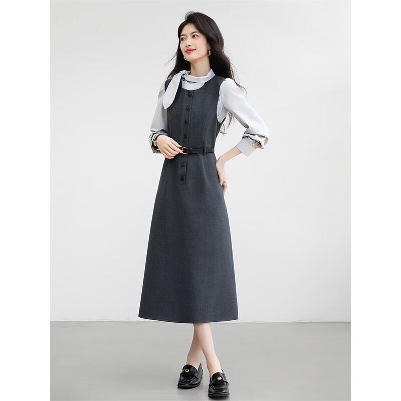 Elegant Bow-Neck Shirt & Suspenders Skirt Set