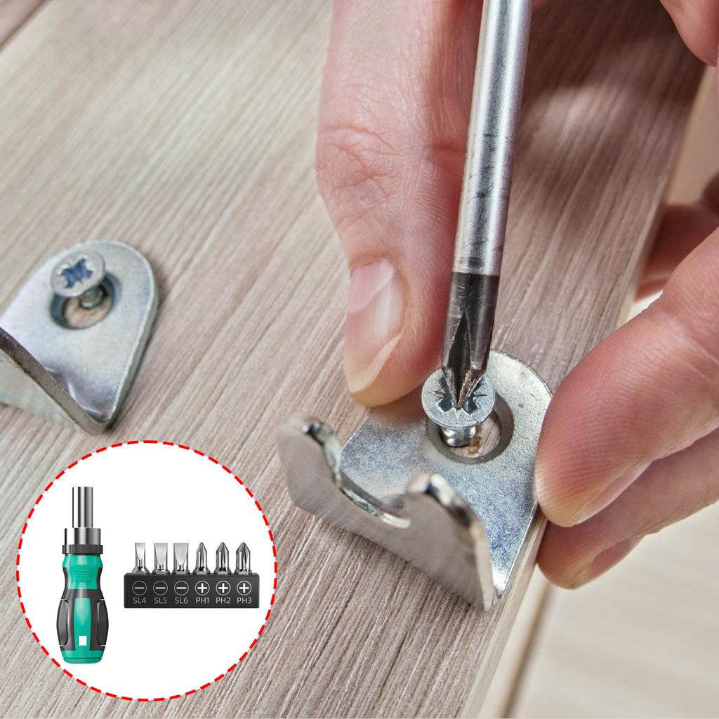 Mini Magnetic Head Ergonomic Handle Ratchet Screwdriver Set with 6 Bits and 3 Ratchet Setting for Household Repair Tools