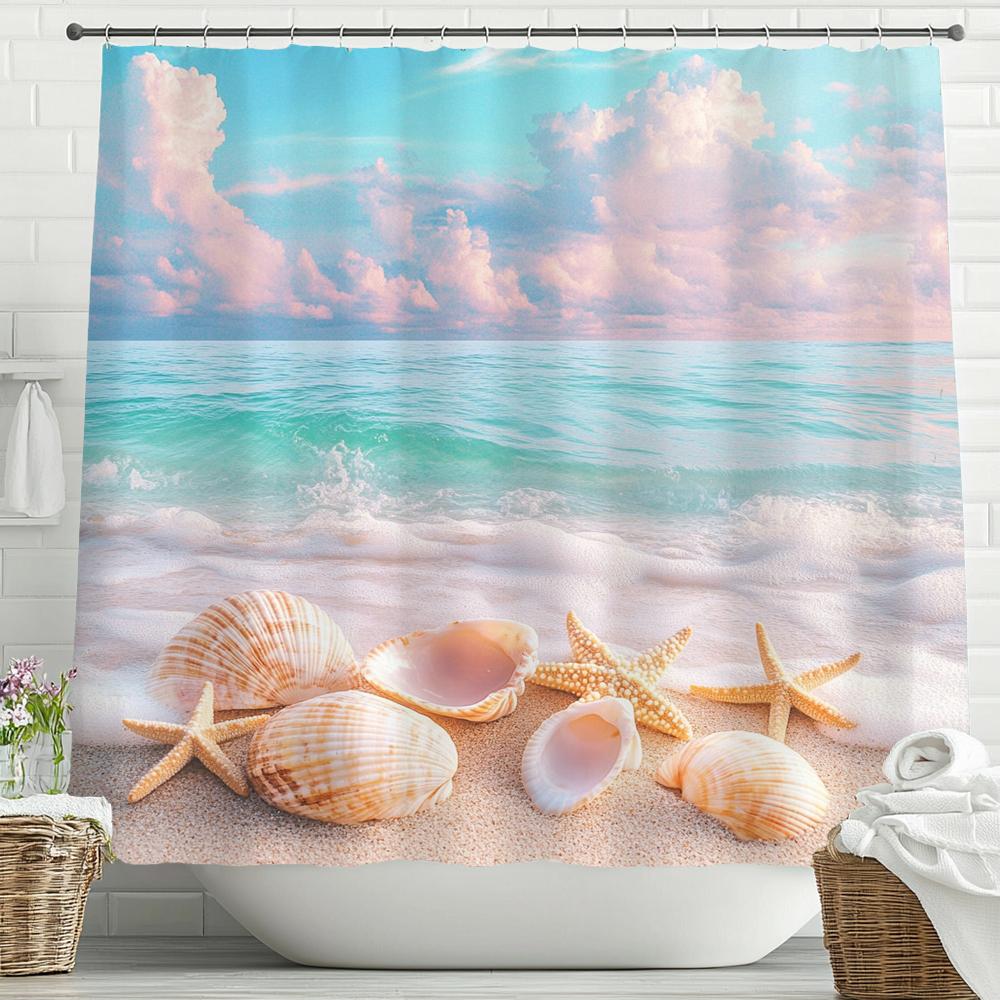 

Beach Shower Curtain, Starfish Seashells Coral Ocean Bathroom Decorative Shower Curtain, Waterproof Shower Curtain With Hooks W60H190(CM)-1 Pcs