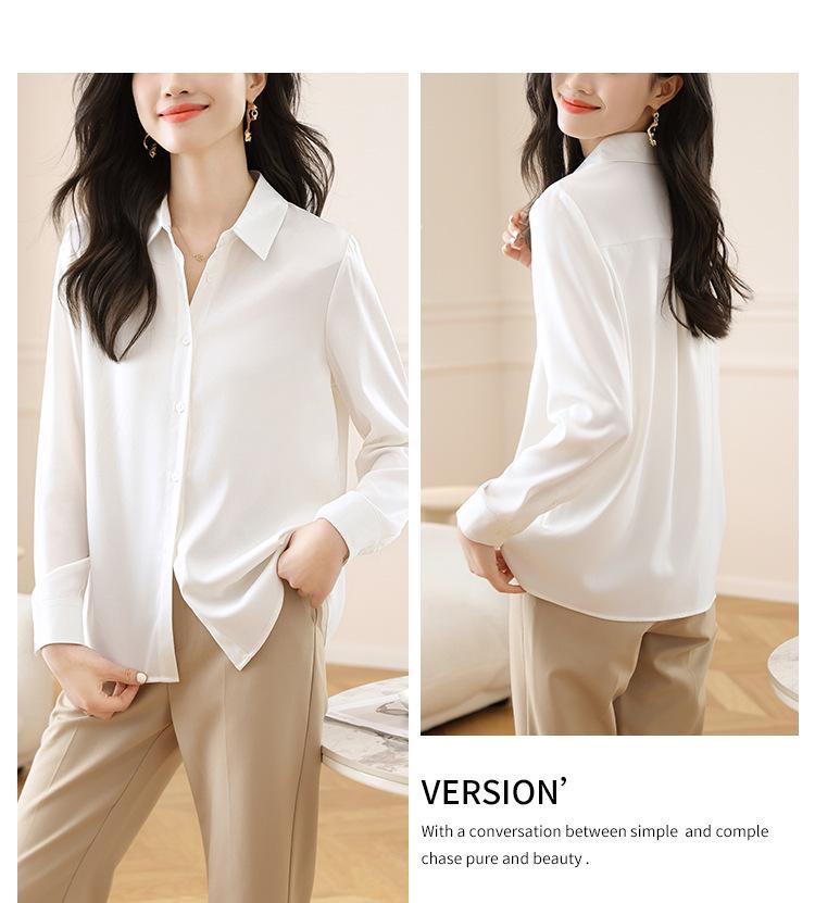 Women's French Satin Silk Long Sleeve Shirt for Autumn 2025 - White Commute Style
