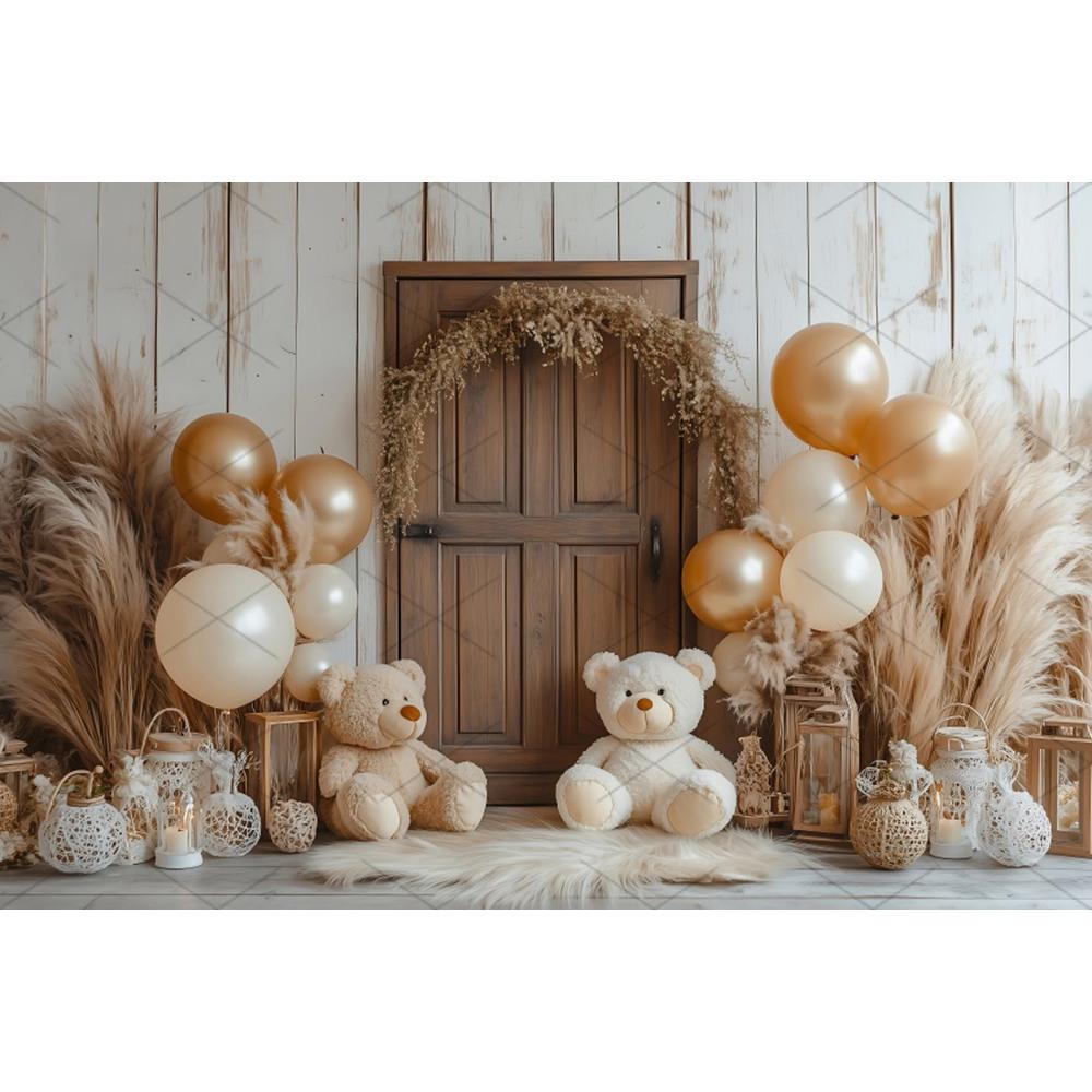 Boho Pampas Teddy Bear Photography Background Balloons Arch Tent Decor Cake Smash Baby 1st Birthday Indoor Photocall Backdrops