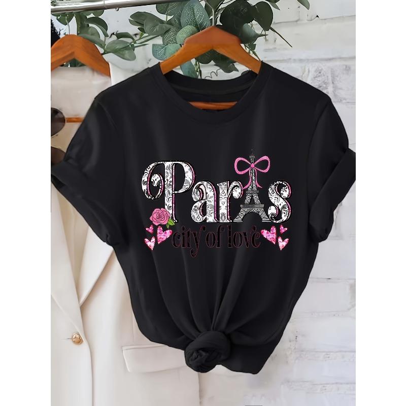 

European size Paris Letter Print T-shirt, Short Sleeve Crew Neck Casual Top For Summer & Spring, Women s Clothing 4XL