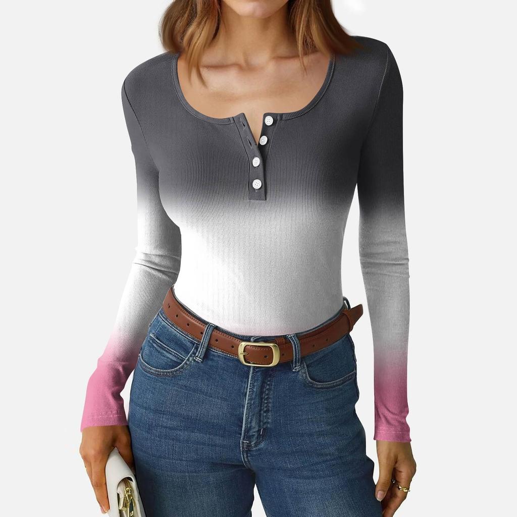 Dámské tričko s úzkým spodním lemem Módní ležérní s gradientním potiskem Kulatý výstřih Pulovr Dlouhý rukáv Top