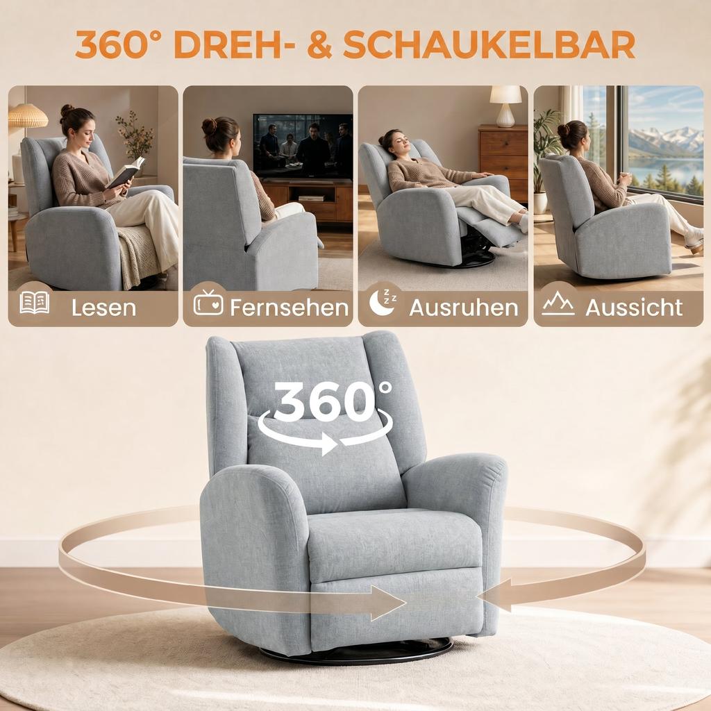 Recliner, Swivel TV Chair with Reclining Function, Wide Deep Seat, Scratch-Resistant Fabric for Living Room, Light Gray