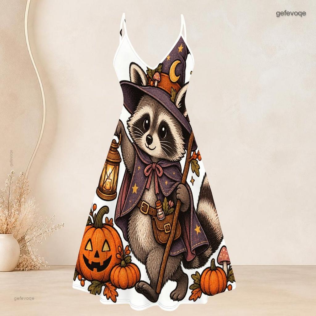 Women Plus Size 2 Piece Outfits Short Sleeve Open Cardigan V Neck Strappy Flared Dress Halloween Raccoon Printed White