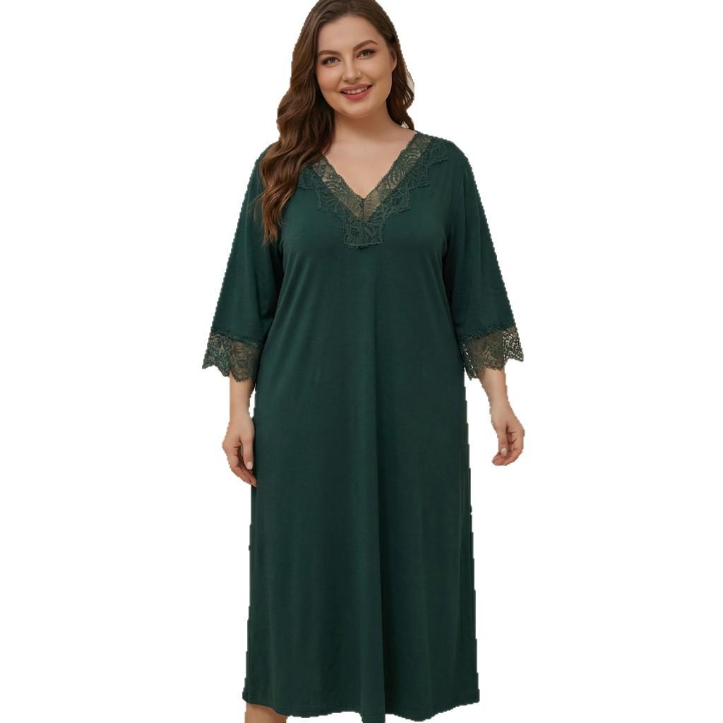 European and American large size solid color lace medium sleeve nightdress loose home dress sexy simple women's pajamas spring and summer