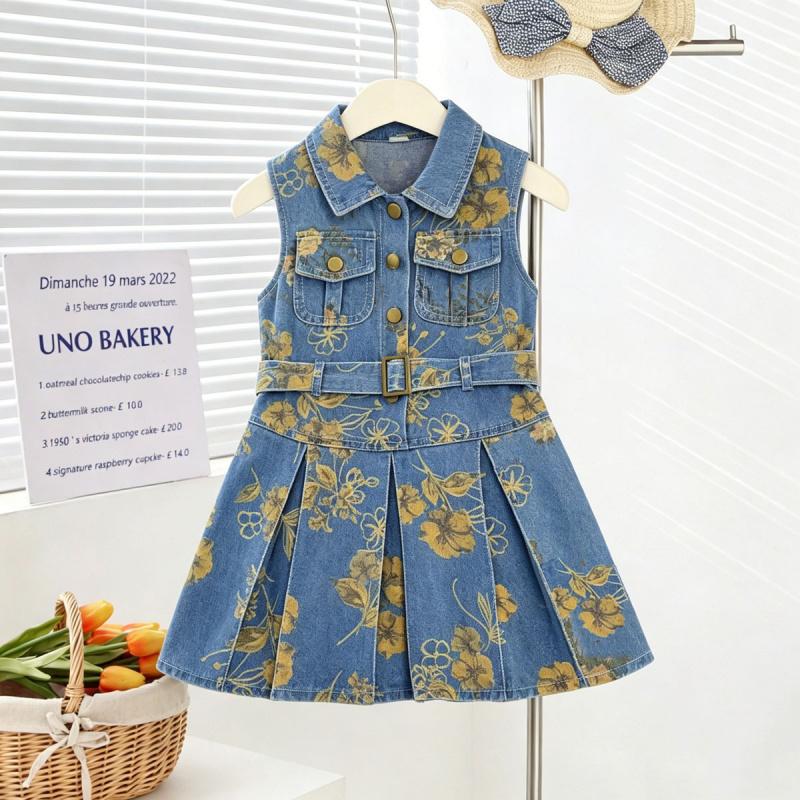 Girls' Sleeveless Denim Dress 2026 Summer Style Floral Print Denim Dress Slim Waist Turn-down Collar Thin Tank Dress Trendy