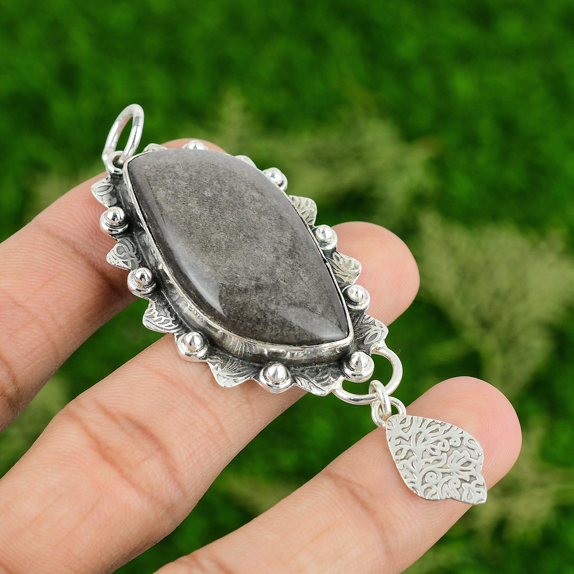 

Серебро 925 пробы Серебристый Обсидиан Самоцвет Этнический Бохо Безель Новый Подвеска Ювелирные изделия