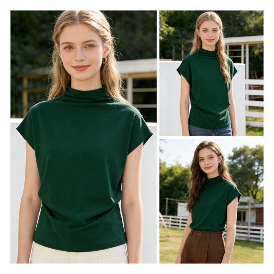 T-shirt da Donna Collo Alto Maniche a Pipistrello Corte con Arricciatura Laterale Pullover Colore Puro Ampio