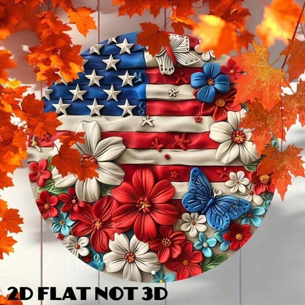 American Patriotic Metal Wall Art, Round Aluminum Flag Decor, Red White Blue Flowers Butterflies Stars, Vintage Home Sign