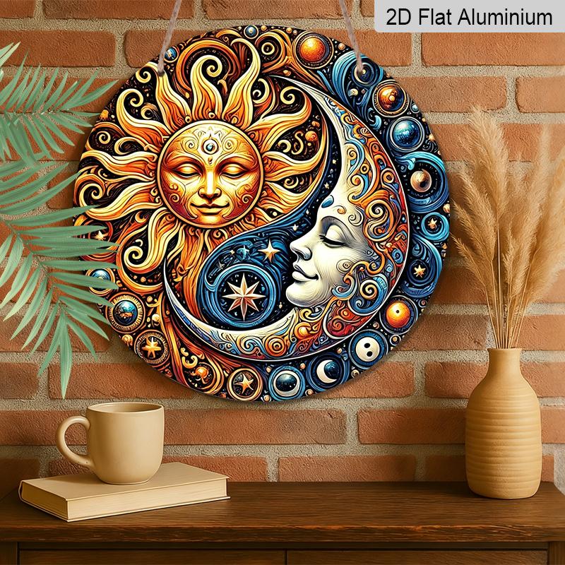 2D Flat, 1pc Fantasy Sun & Moon Metal Aluminum Sign - Mysterious Art Style Aluminum Wall Decor for Garden, Patio, Indoor & Outdoor Use - Celestial