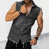 Lapel Sleeveless Vest Jacket Single-breasted Flap Pockets Tassel Men Summer Solid Color Denim Shirt Streetwear