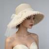 Elegant Flower Pearl Lady Hat Summer Organza Wide Brim Sunscreen Kentucky Derby Hats Women Church Wedding Beach Sun Cap